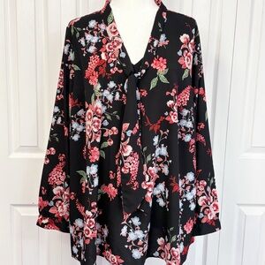 Lane Bryant Black Multi Floral Print Tie Front Long Sleeve Blouse 22/24